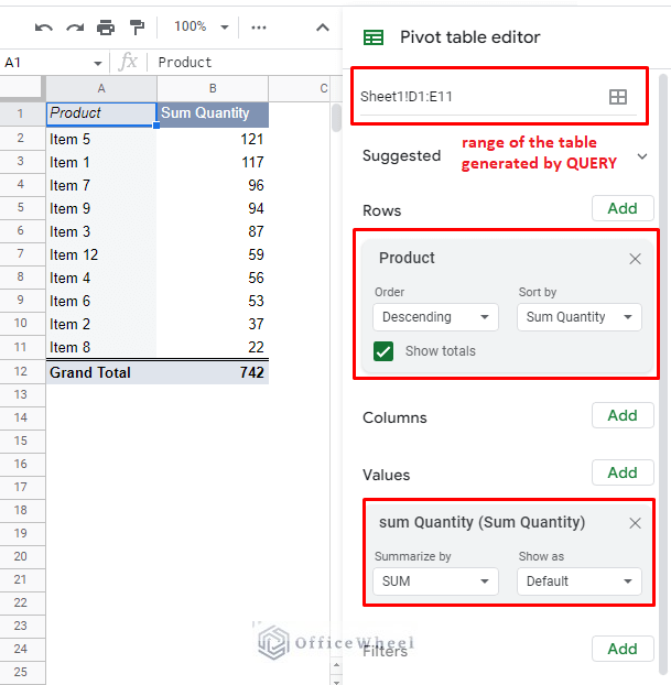 filtering the top 10 values in a google sheets pivot table using result generated by query